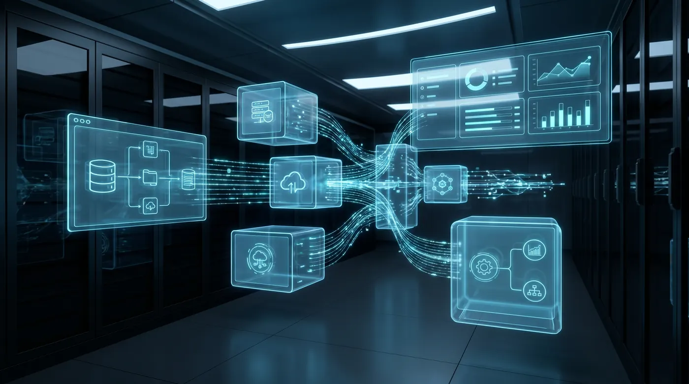 Glowing data engineering architecture with cloud pipeline and analytics dashboard