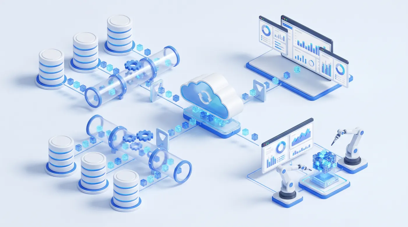 Laptop dashboard showing data pipelines and AI automation workflow for the course overview
