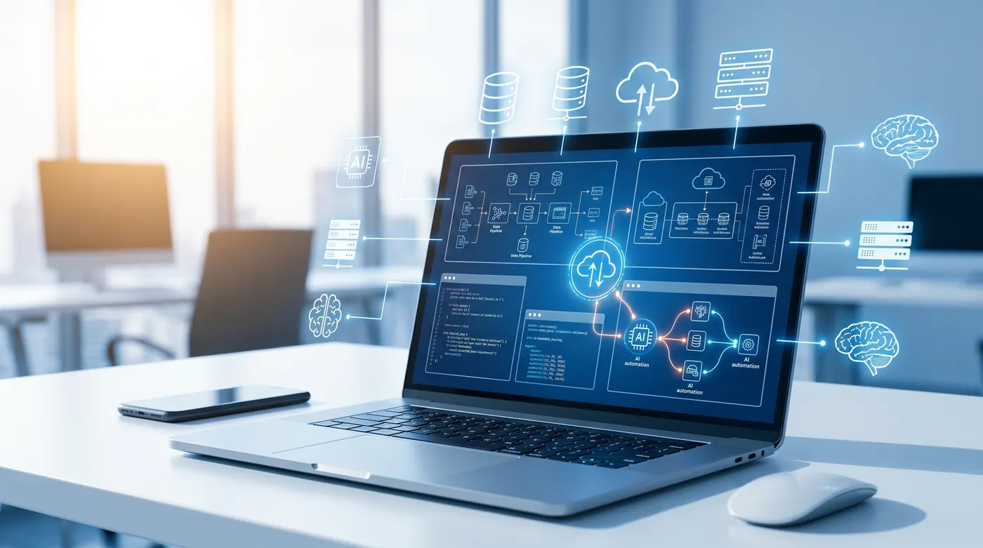 Data pipeline illustration with databases cloud integration and automation modules